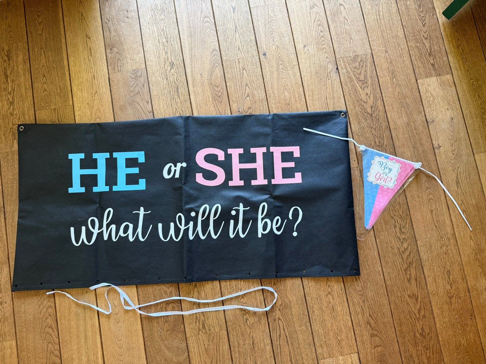 Gender Reveal Ballonnenzak met Lint en Vlaggetjes, Ophalen of Verzenden, Nieuw, Feestartikel, Geboorte of Huwelijk