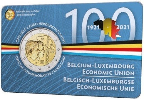 2 Euro munt BELGIE 2021 "100 jaar BLEU" in coincard NL & FR., Postzegels en Munten, Munten | Europa | Euromunten, 2 euro, België