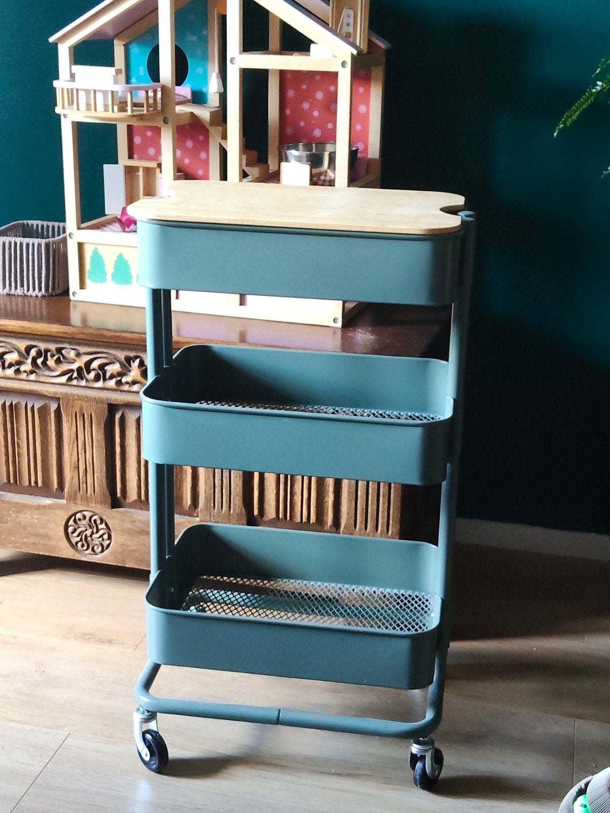IKEA RASKOG Trolley Grijsgroen met Eiken Blad, Ophalen, Zo goed als nieuw