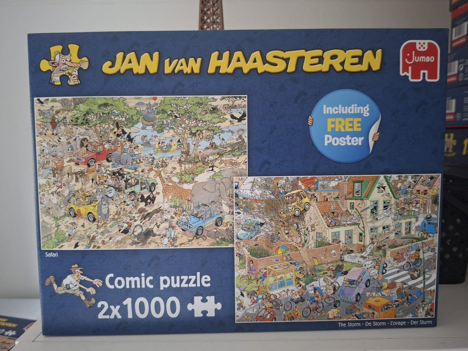 Jan van Haasteren puzzel 2x1000 storm en safari, Hobby en Vrije tijd, Ophalen of Verzenden, 500 t/m 1500 stukjes, Zo goed als nieuw