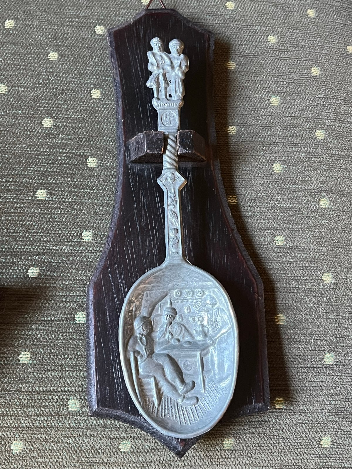 Antieke tinnen lepel met rekje - Decoratieve wandhanger, Ophalen of Verzenden