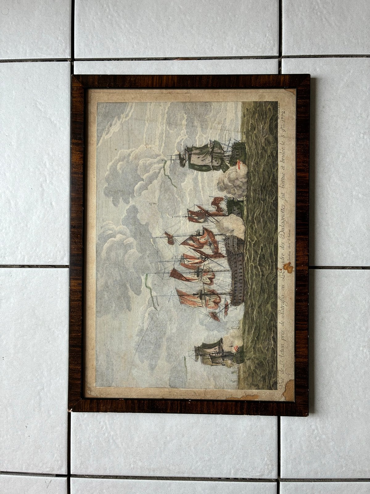 Antieke Gravure: Zeegevecht 'L'Escadre des Dulcignote' 1772, Handgekleurd, Militair, Ophalen of Verzenden, Gravure