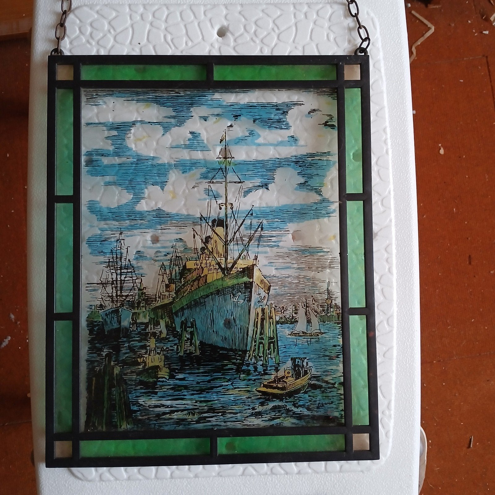 Vintage Glas-in-lood Raamhanger met Schepen, Ophalen of Verzenden