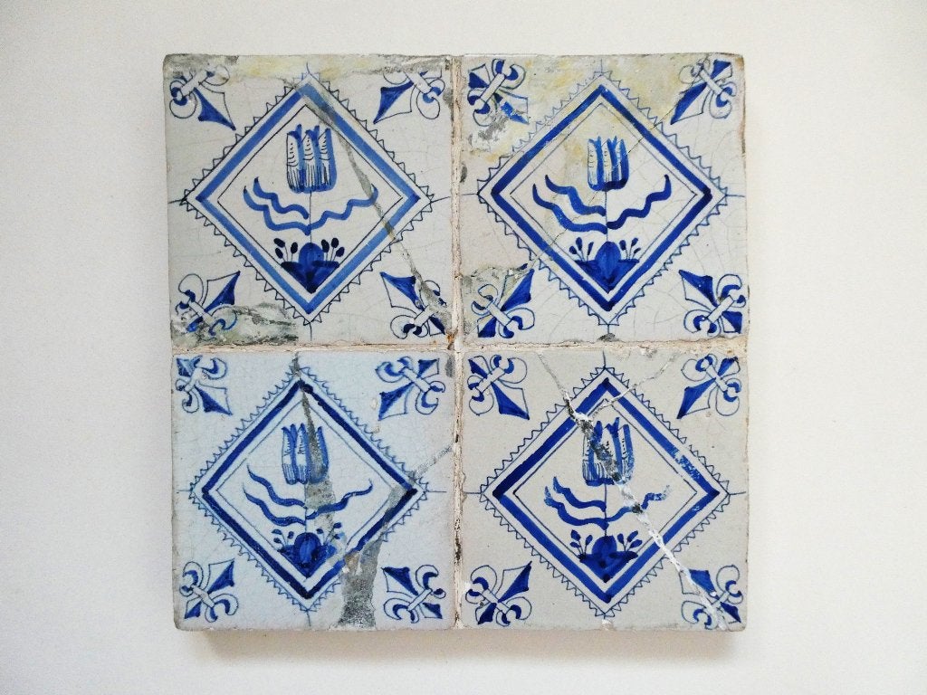 2 Tegeltableaus Vier tegel Delftsblauw tulp in kwadraat, Ophalen of Verzenden