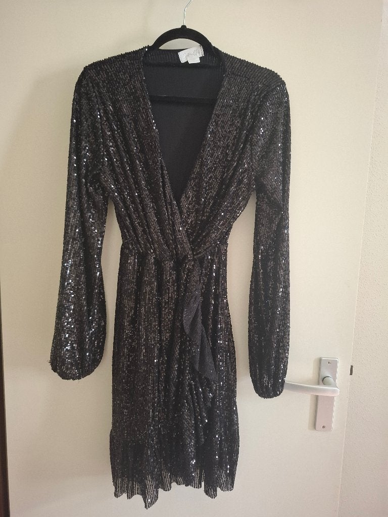 Zwarte pailletten wikkeljurk - Cotton Club, Zwart, Maat 42/44 (L), Cocktailjurk, Ophalen of Verzenden
