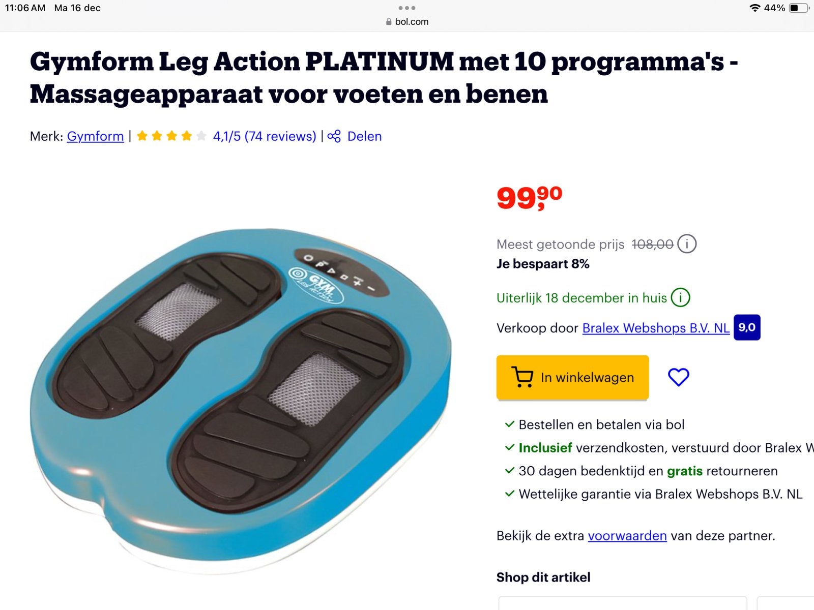 Gymform Leg Action PLATINUM Massageapparaat voor voeten en b, Sport en Fitness, Ophalen, Zo goed als nieuw, Apparaat