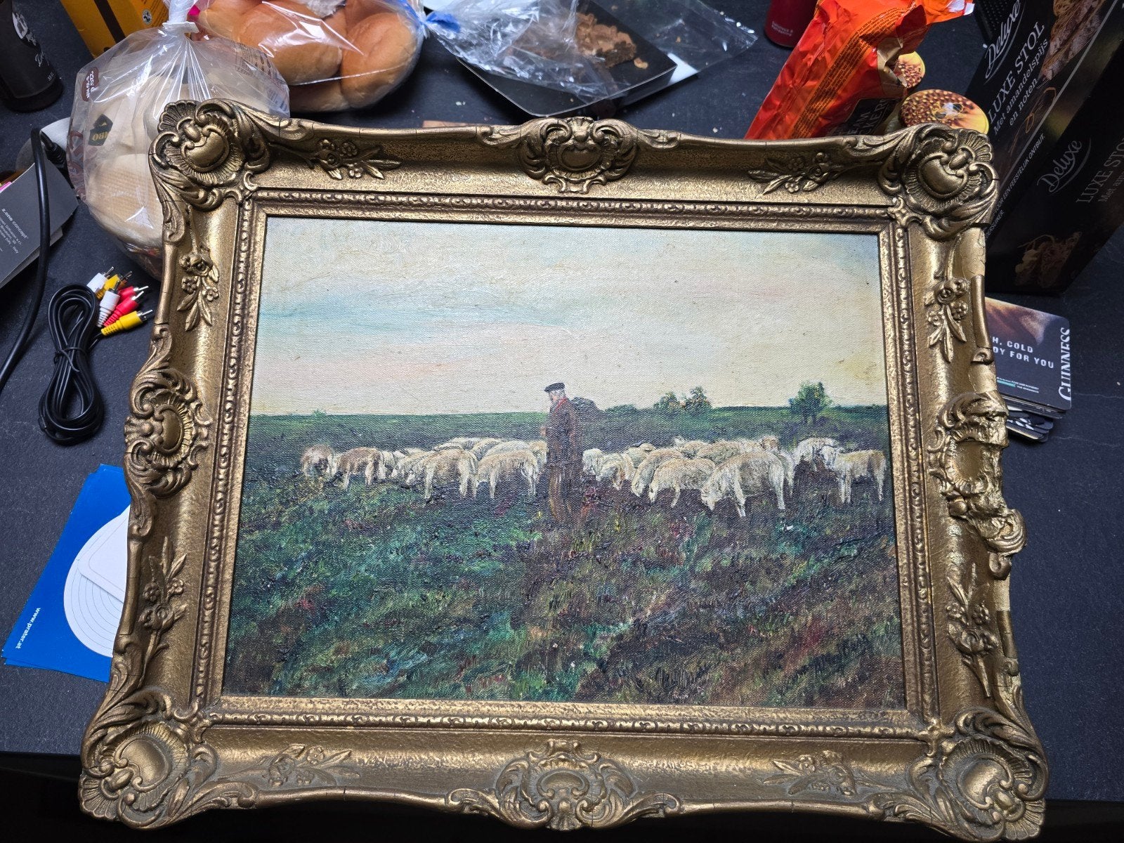 Olieverfschilderij Herder met schapen in landschap, Ophalen of Verzenden