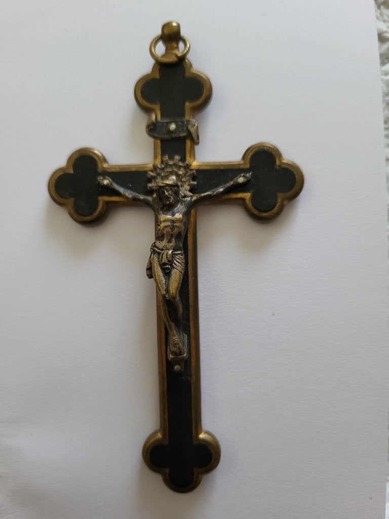 Antiek tinnen kruisbeeld met Christus figuur, Antiek en Kunst, Ophalen of Verzenden