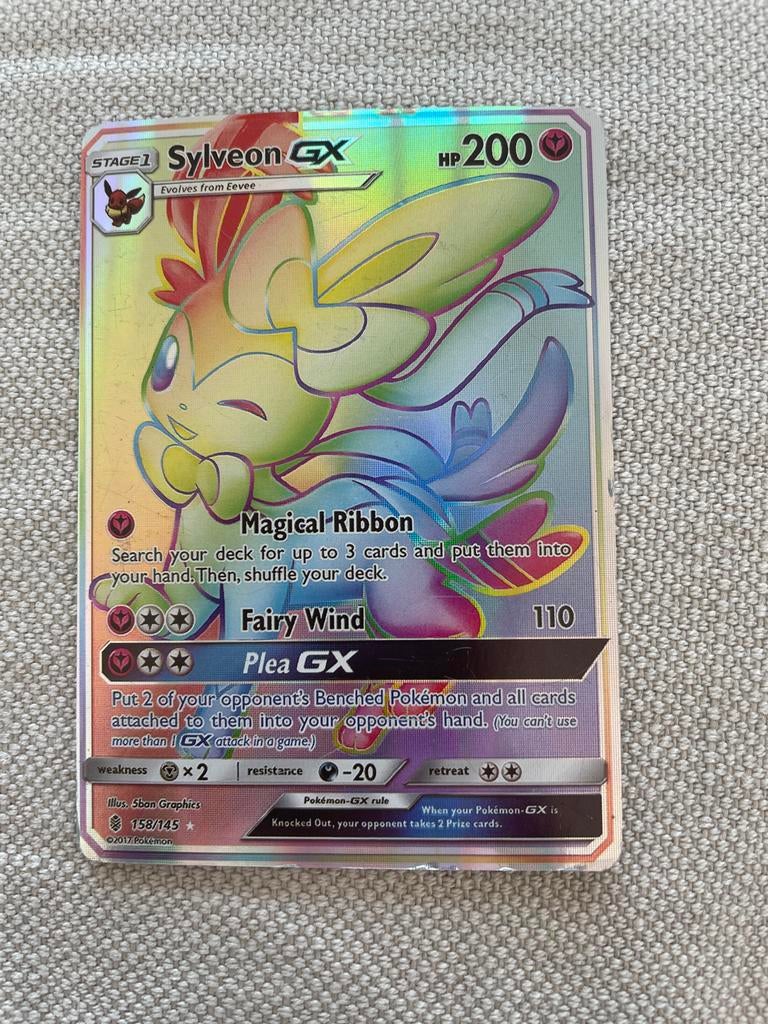 Sylveon GX Full Art Pokémon Kaart 158/145, Ophalen of Verzenden, Zo goed als nieuw, Losse kaart, Foil