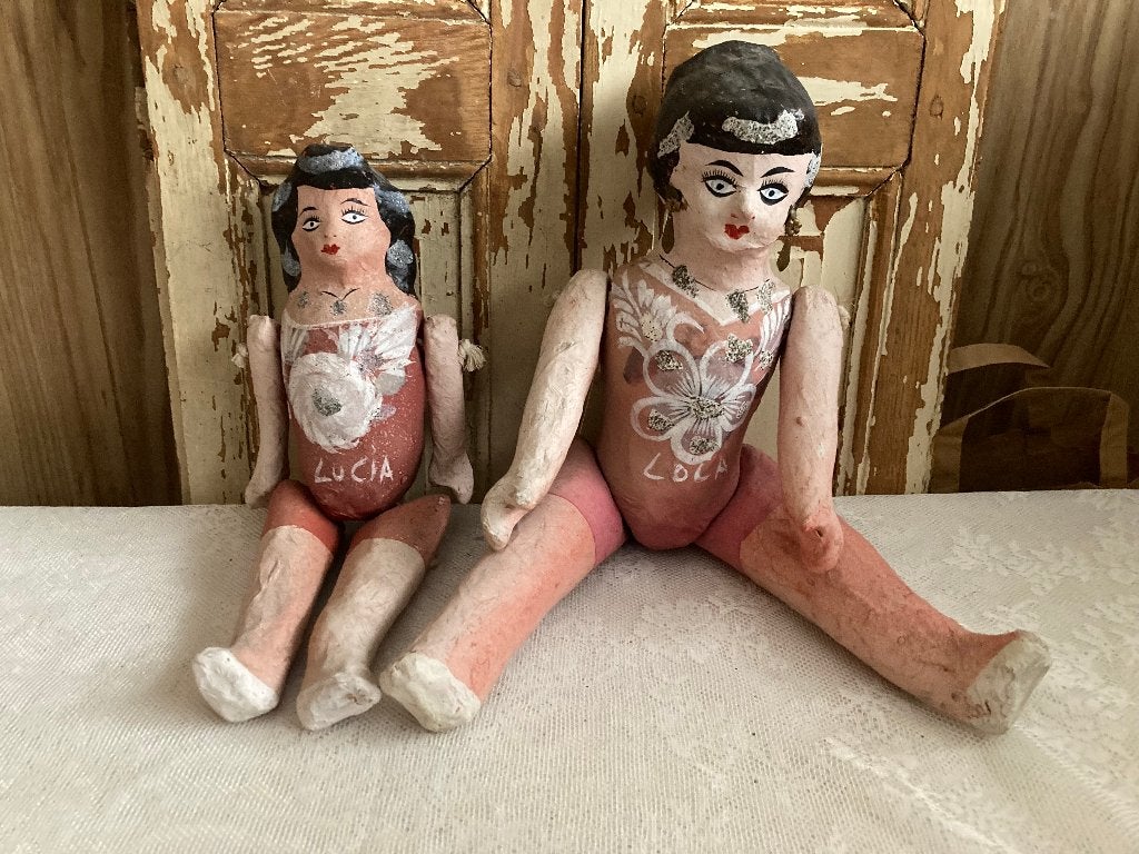 2x Brocante oude papier-maché pop / handbeschilderd / Mexico, Verzamelen, Poppen, Gebruikt, ---, Ophalen of Verzenden, ---