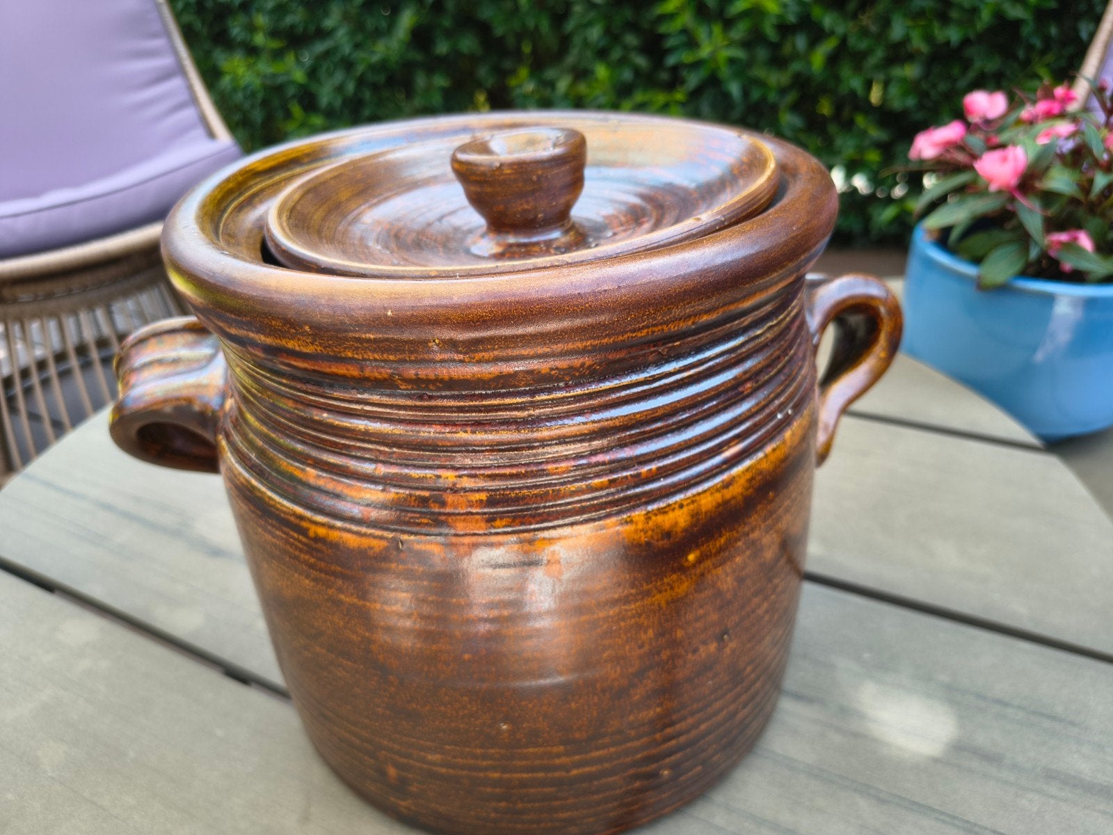 Vintage Aardewerken Pot met Deksel - Bruin Geglazuurd, Antiek en Kunst, Ophalen