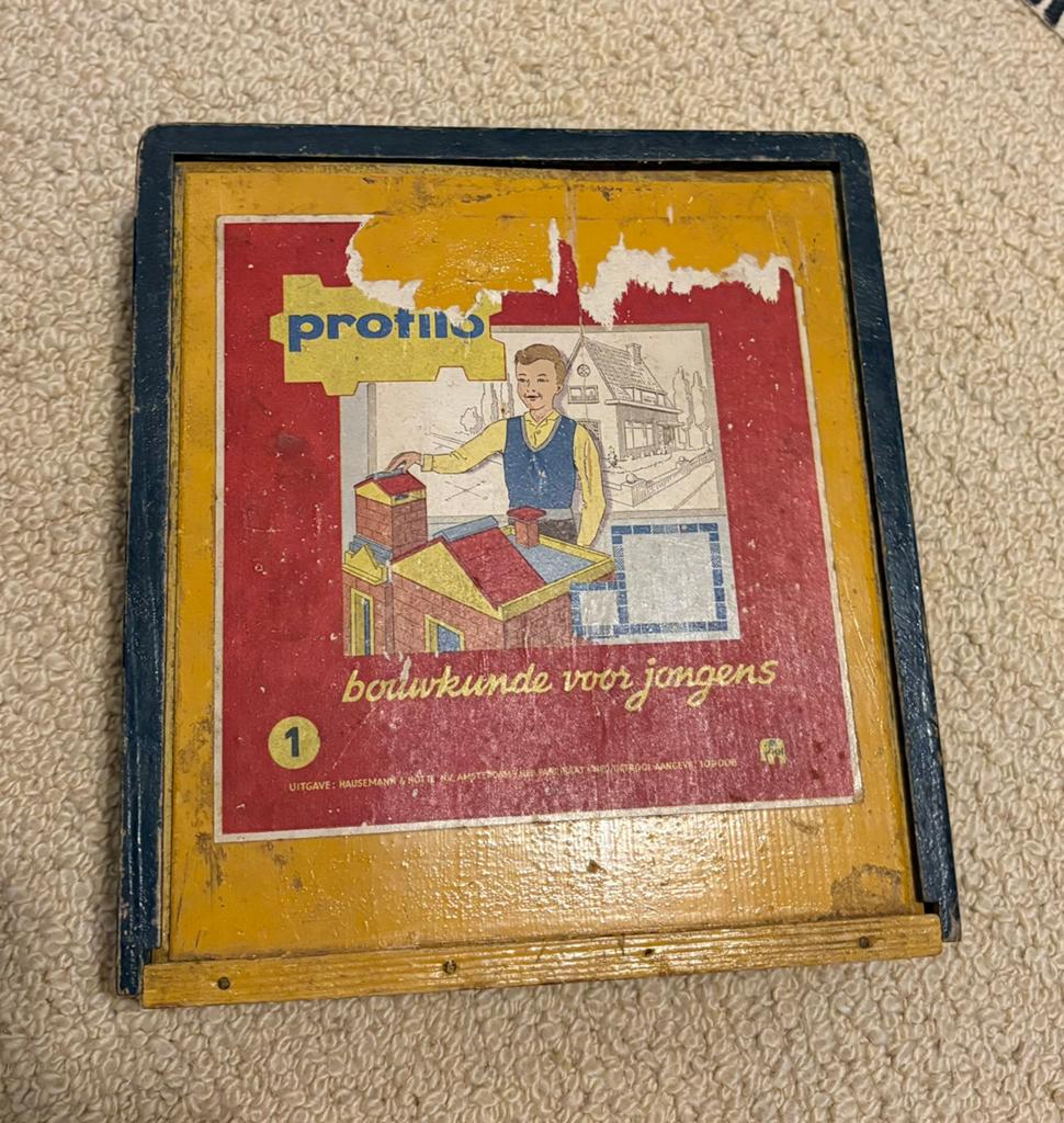 Vintage Profilo bouwstenen in origineel houten kistje, Ophalen of Verzenden, Gebruikt