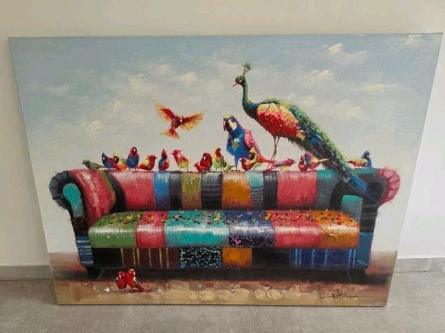 Modern Schilderij 'Bird Patchwork' 90x120cm Vrolijke Kleuren, Antiek en Kunst, Ophalen, Acrylverf, Dieren, Gesigneerd