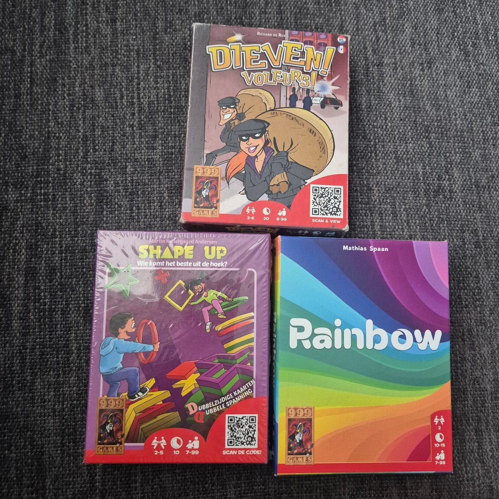 Drie 999 Games kaartspellen: Dieven!, Shape Up, Rainbow, Vijf spelers of meer, Ophalen of Verzenden, Gebruikt, 999 Games
