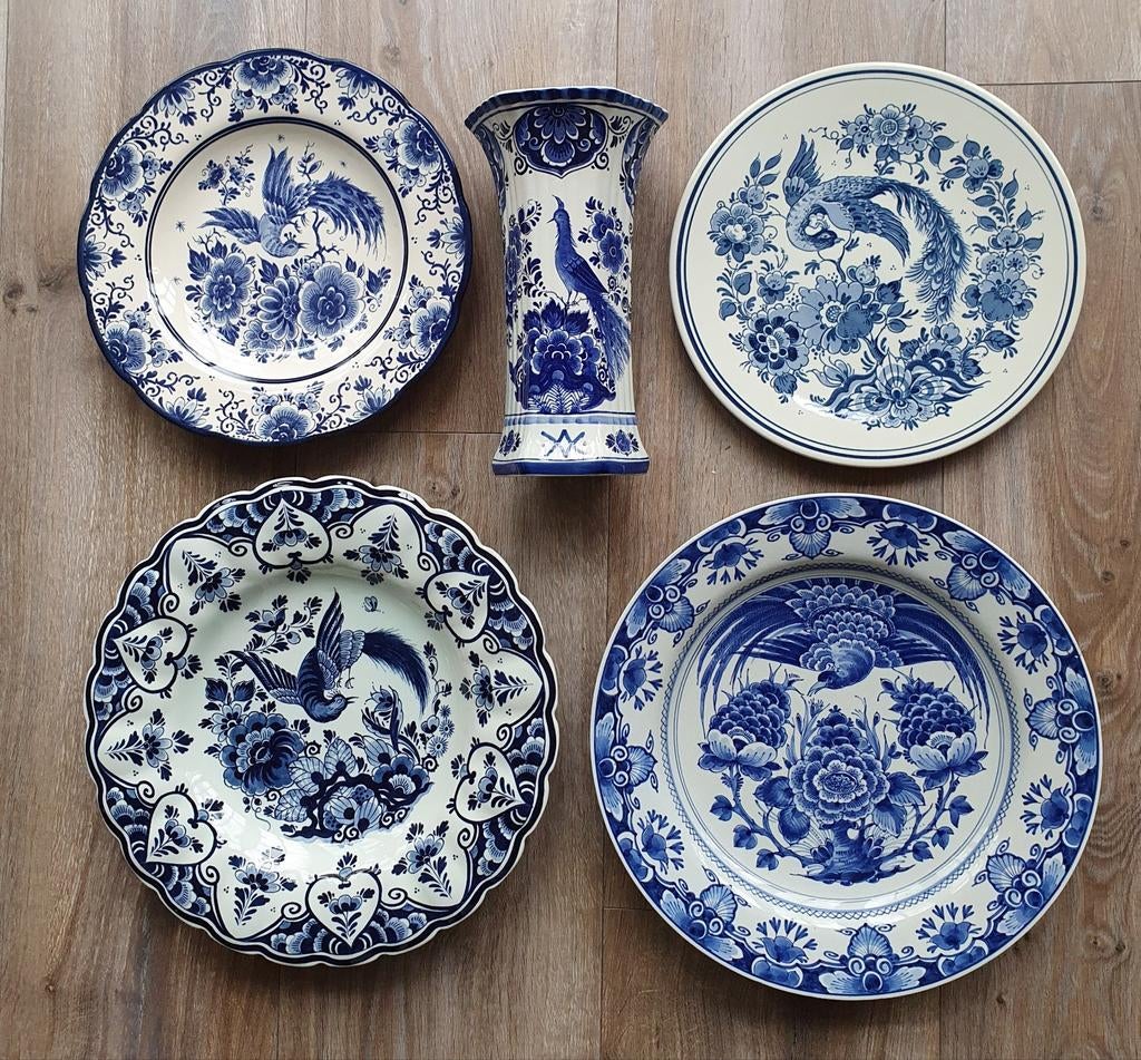 Delfts blauw met vogel 4 grote borden en vaas, Antiek en Kunst, Ophalen