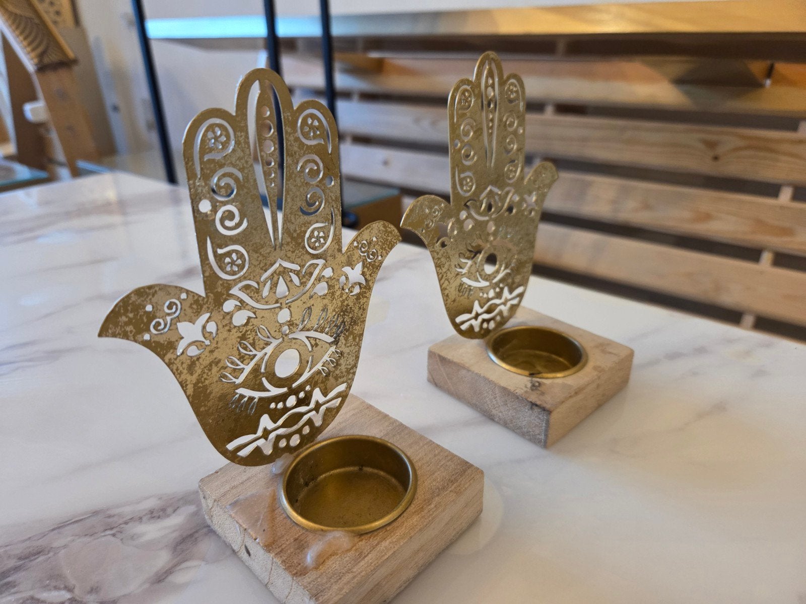 Set van 2 Hamsa hand theelichthouders, Huis en Inrichting, Gebruikt, Bruin, Ophalen of Verzenden, Metaal