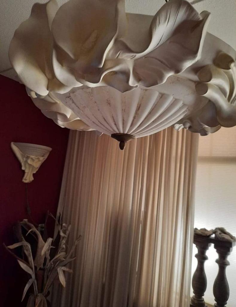 Vintage bloemvormige hanglamp, crèmekleurig, Ophalen, Gebruikt, Overige materialen, Vintage, Bloem, Romantisch