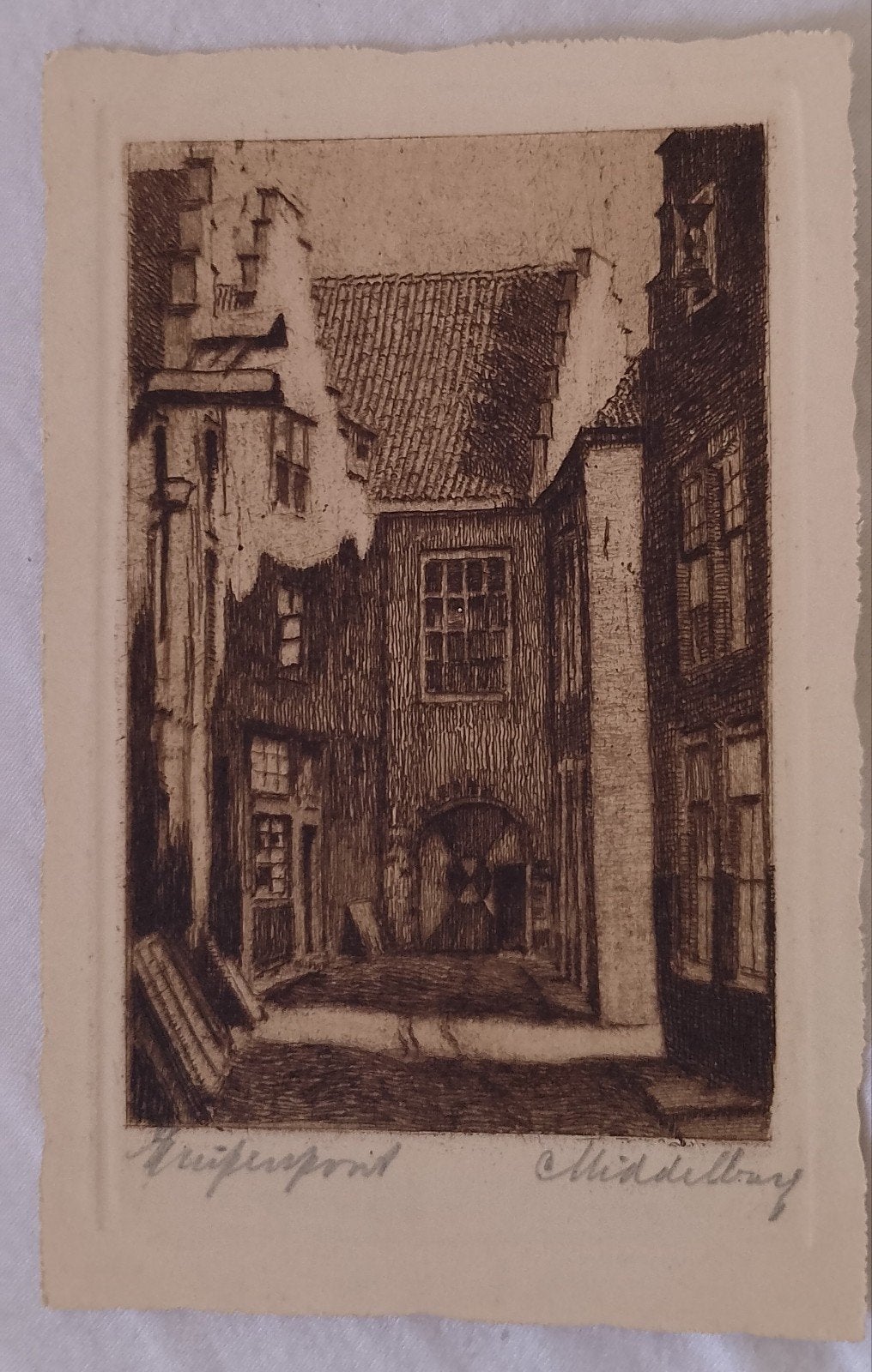 Ets Kuiperspoort Middelburg, Ets, Architectuur, Ophalen of Verzenden, 9 cm