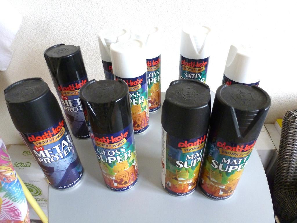7 spuitbussen, spuitverf, merk Plasti-kote, project paint,, Ophalen, Nieuw, Overige kleuren, Lak