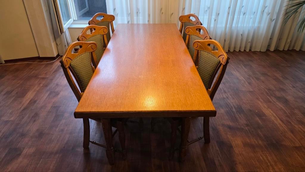 Eettafel met 6 stoelen - 210x88x76 cm, Ophalen, Gebruikt, Klassiek, 200 cm of meer