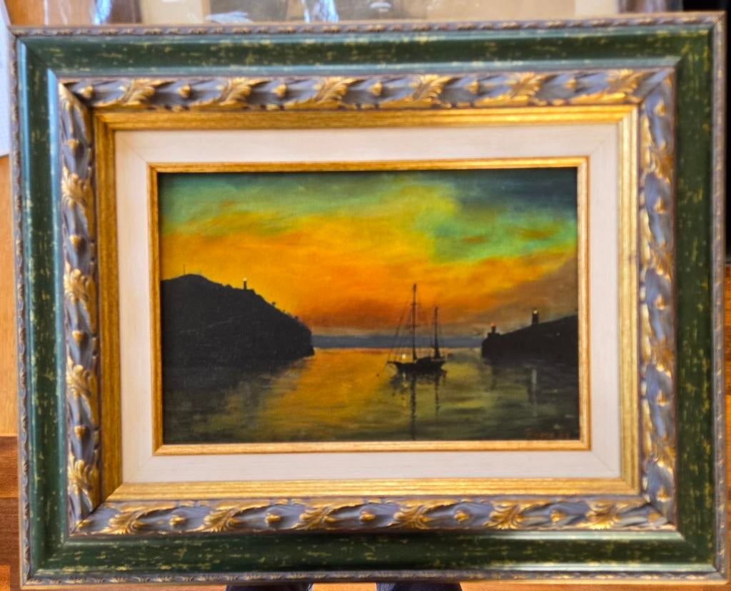 Zonsondergang olieverf, Antiek en Kunst, Kunst | Schilderijen | Klassiek, Ophalen of Verzenden