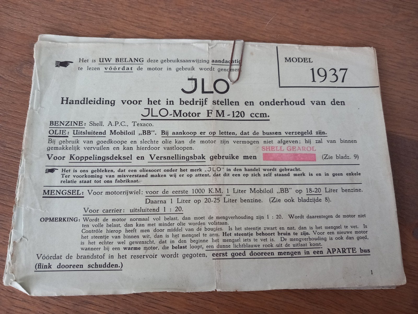 JLO Motor Gebruikershandleiding 1937 - Zeldzaam, Fietsen en Brommers, Ophalen of Verzenden, Gebruikt