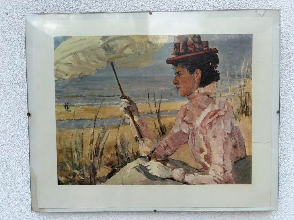 Vrouw met parasol op het strand - Schilderij, Ophalen