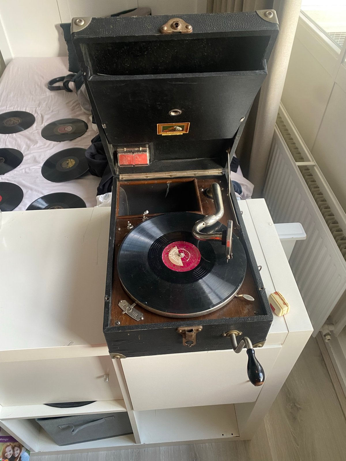 Antieke His Master's Voice Grammofoon met 7 platen, Audio, Tv en Foto, Platenspelers, Ophalen of Verzenden, Gebruikt, Platenspeler