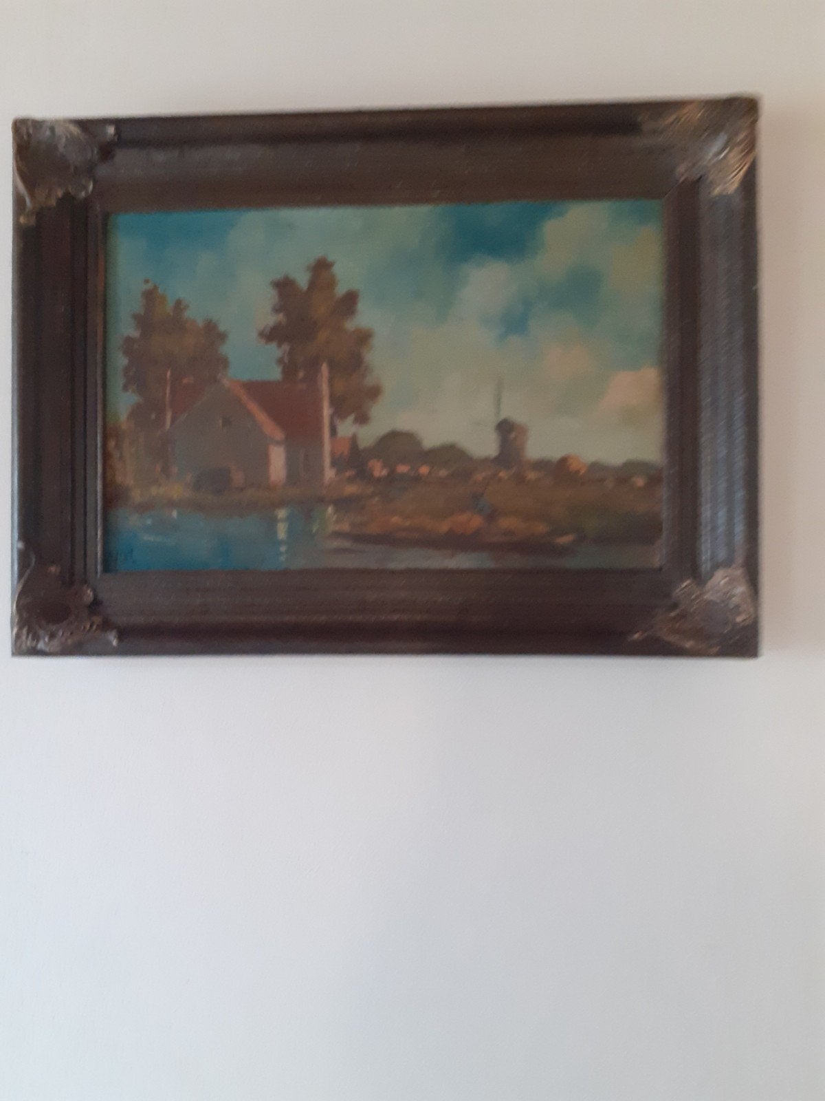 Landschap ,molen plus bootje ., Antiek en Kunst, Ophalen of Verzenden