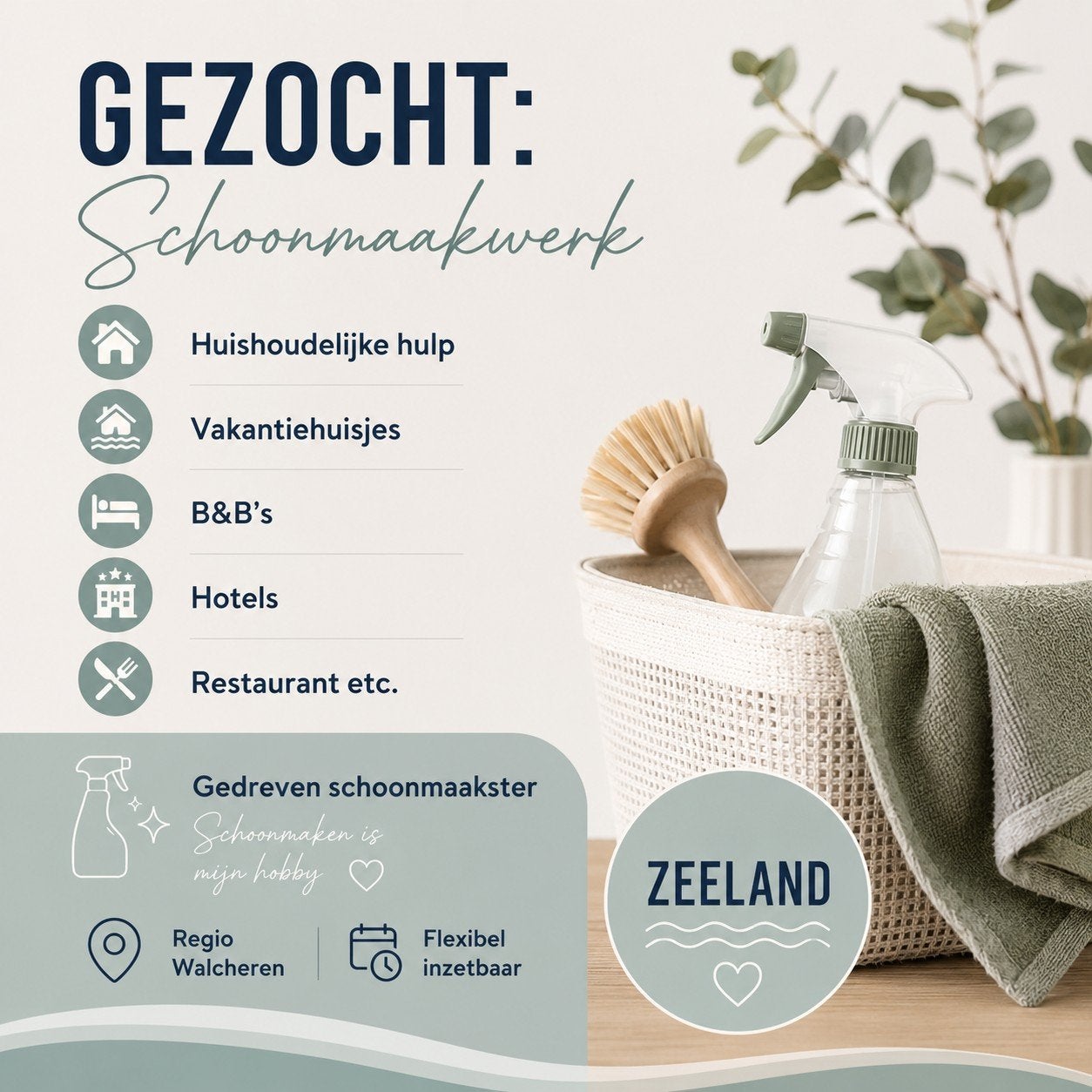 GEZOCHT: Schoonmaakwerk op Walcheren – flexibel inzetbaar, Variabele uren