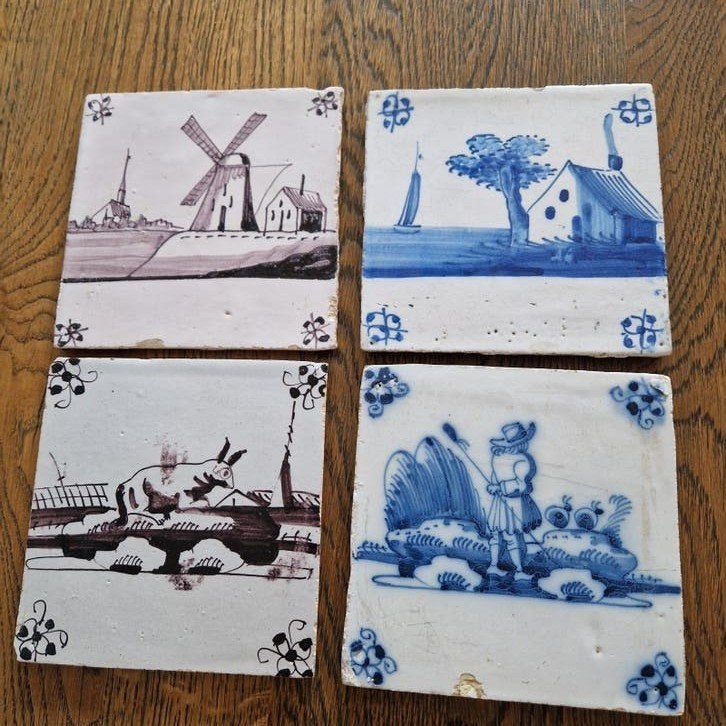 Set van 4 antieke Hollandse tegels met diverse taferelen, Antiek en Kunst, Ophalen