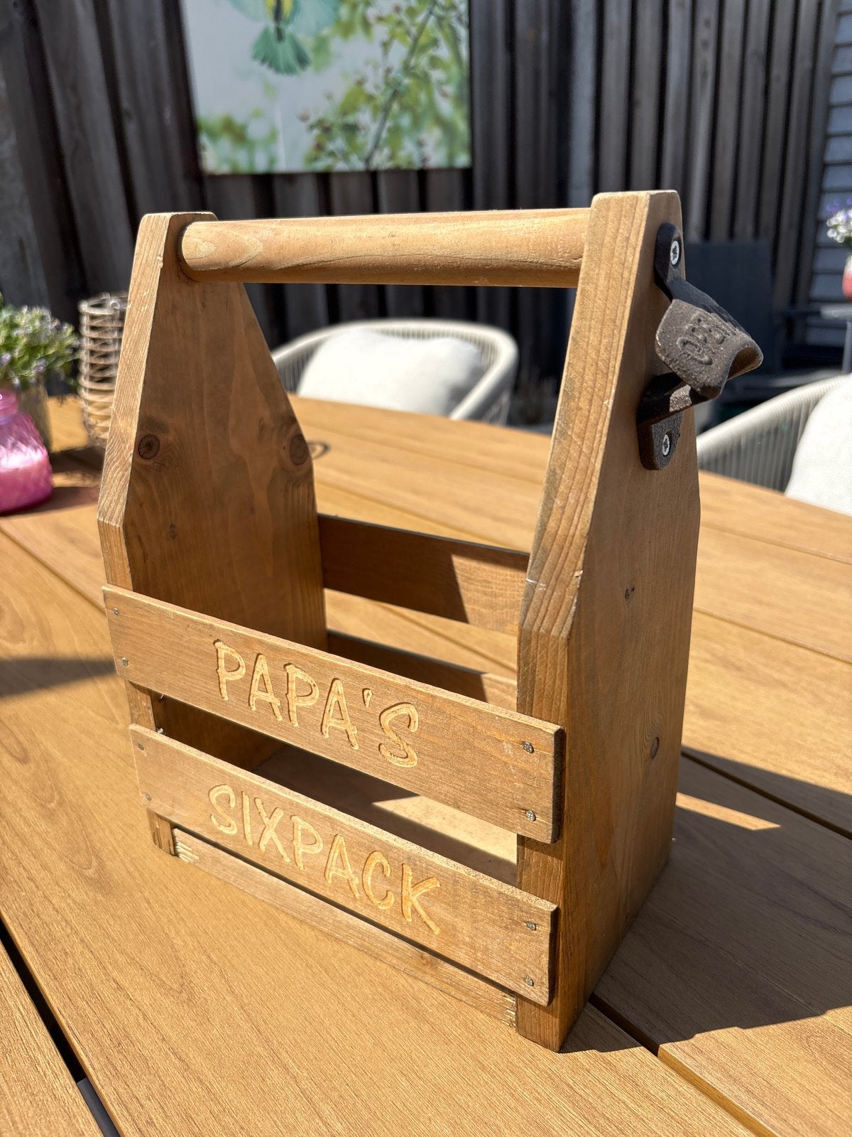 Houten sixpack houder met opener - Papa's Sixpack, Hout, Gebruikt, Ophalen of Verzenden, Landelijk