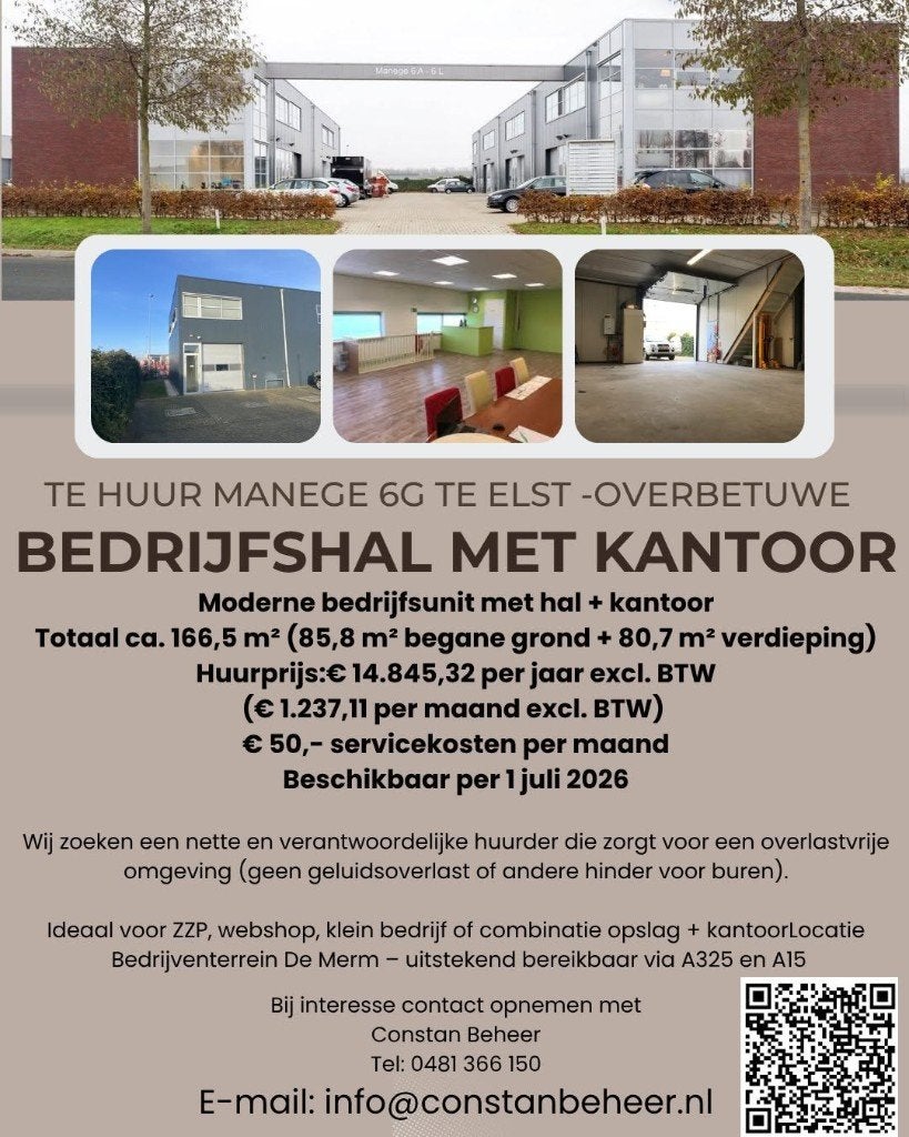 Bedrijfspand huur Elst met 80M2 Kantoor en 85m2 Opslag, 166 m², Huur, Kantoorruimte