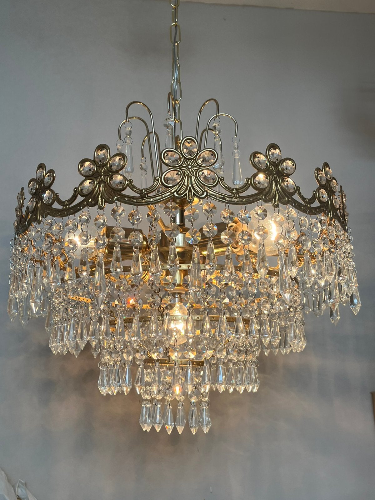 Jaren 20 stijl kroonluchter hanglamp bloemen kristal punt, Vintage, Vintage, Vintage, Ophalen of Verzenden