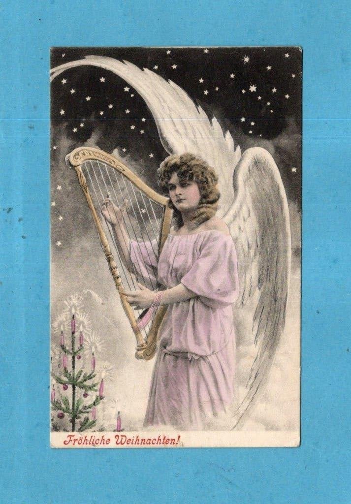 Mooie oude kerstkaart met kerstengel en harp M871 - 1909, Verzenden, Voor 1920, Gelopen, Feest(dag)
