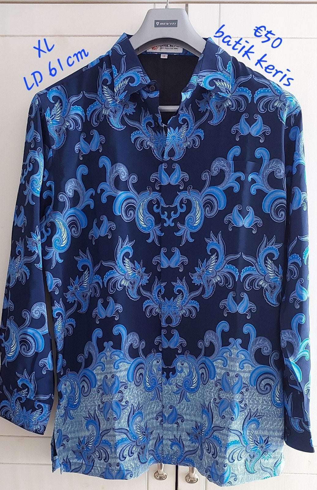 Indonesisch Batik Keris - Blauw, Maat 46/48 (XL) of groter, Nieuw, Lange mouw, Batik keris