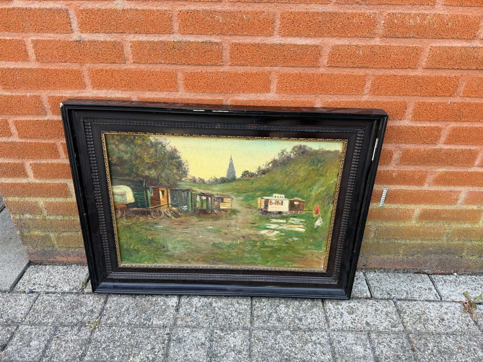 Schilderij: Zigeunerkamp met kerk in de verte, Ophalen of Verzenden