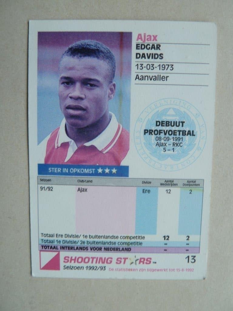 Shooting star 1992/1993  Nr.13 Edgar.Davids Ajax, Ophalen of Verzenden, Zo goed als nieuw, Ajax, Poster, Plaatje of Sticker