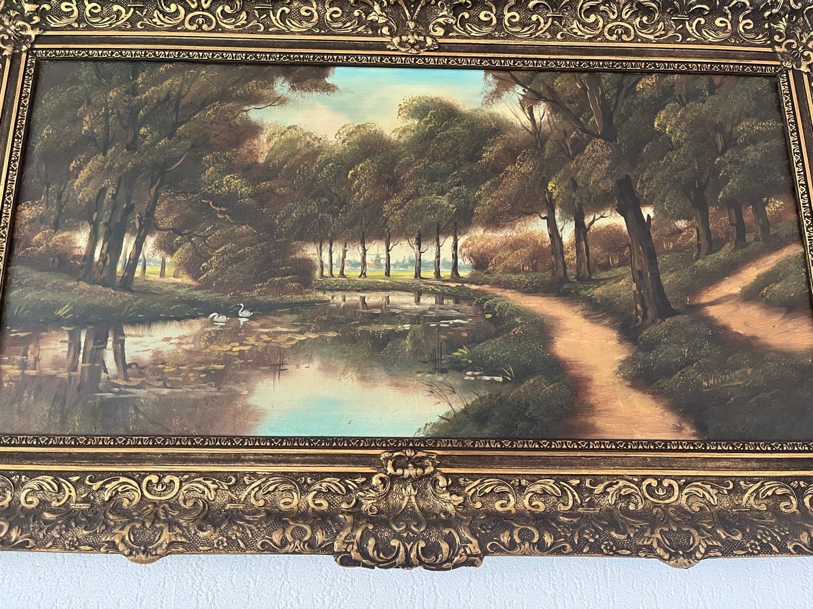 Groot gesigneerd olieverfschilderij boslandschap - 100x60cm, Ophalen, Doek, Bijzondere lijst, Landschap