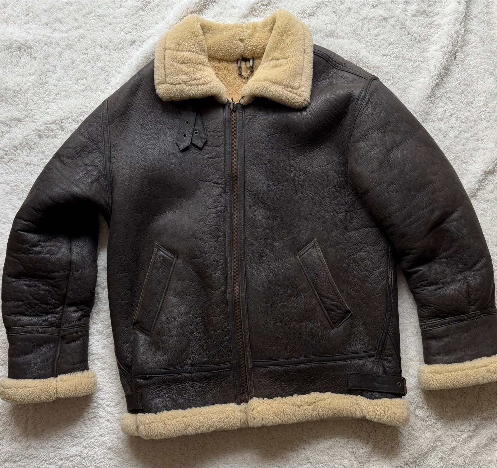 Vintage Shearling Lammy Leren Pilotenjas - Valt als XL, Ophalen of Verzenden, Gedragen, Maat 56/58 (XL), Bruin