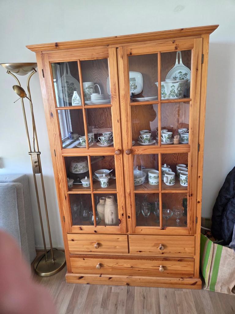 Vurenhouten servieskast met 3 lades - 110x36x190 cm, Huis en Inrichting, Kasten | Vitrinekasten, Ophalen, Gebruikt, Glas, 150 tot 200 cm