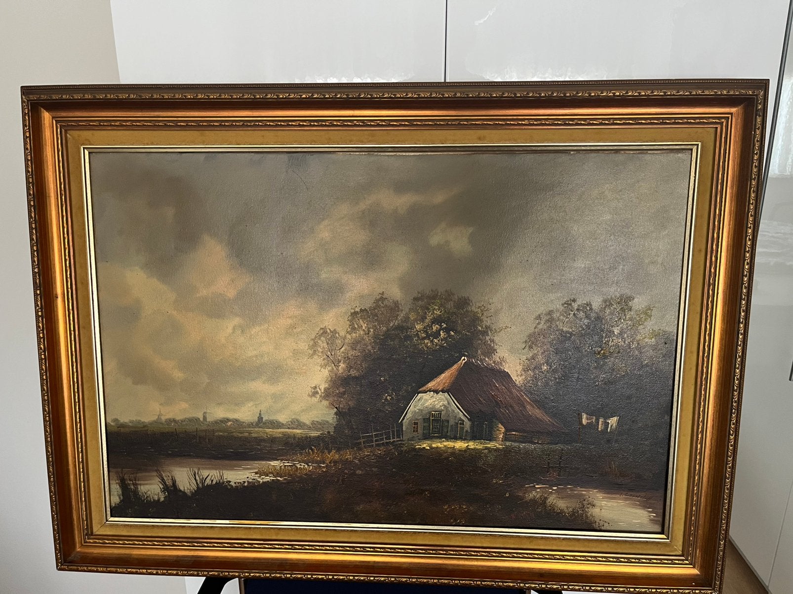 Schilderij hand geschilderd met mooi passende lijst er om, Ophalen, Gebruikt, 100 tot 125 cm, Schilderij