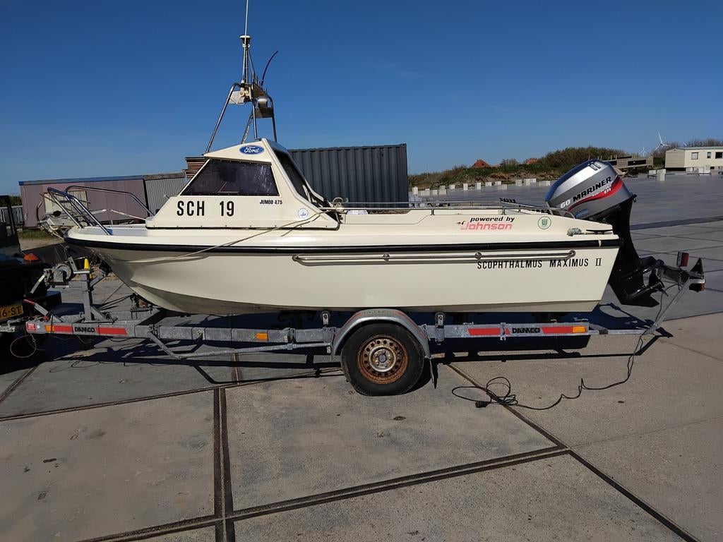 Jumbo 475 Visboot met Mariner 60pk, trailer en dieptemeter, Watersport en Boten, Ophalen of Verzenden