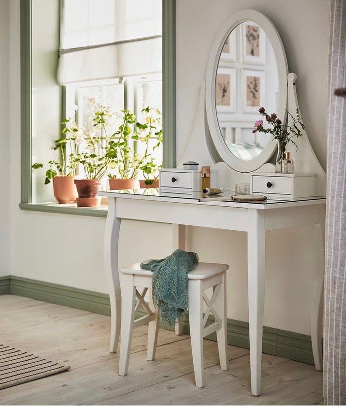 IKEA Hemnes toilettafel met spiegel en krukje, Ophalen, Gebruikt, 100 tot 150 cm, 50 tot 100 cm