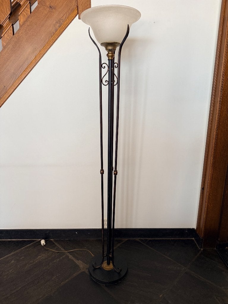 Klassieke zware uplighter vloerlamp met glazen schaal, Ophalen, Gebruikt, E27 (groot), Glas