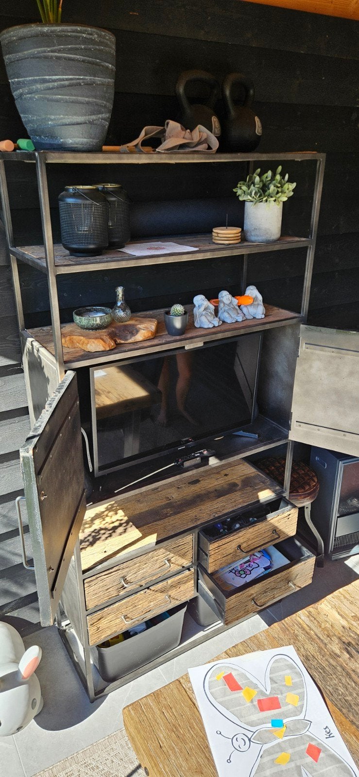 Prachtige robuuste industriële buffetkast/boekenkast, Huis en Inrichting, Overige houtsoorten, 200 cm of meer, Met lade(s), Zo goed als nieuw