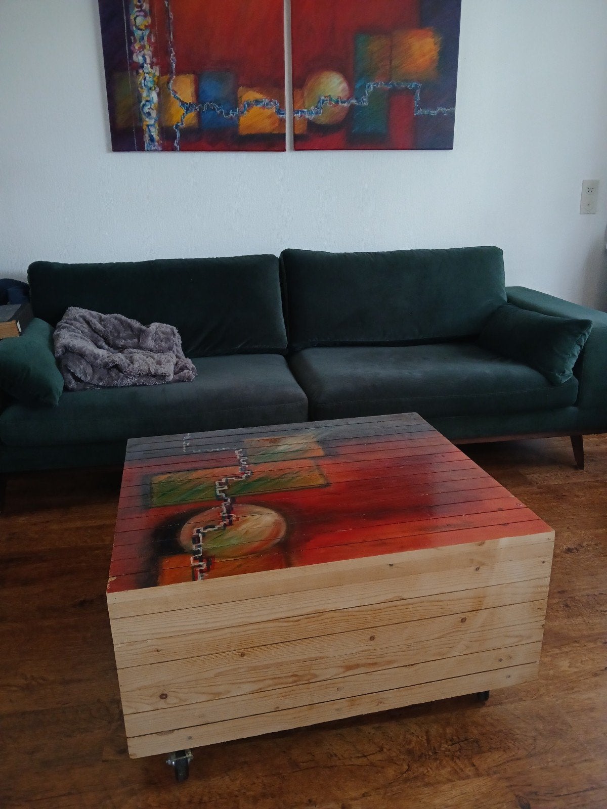 Unieke handgeschilderde salontafel op wielen, Huis en Inrichting, Ophalen, 50 tot 100 cm, Modern, Uniek, Handgeschilderd, Vierkant