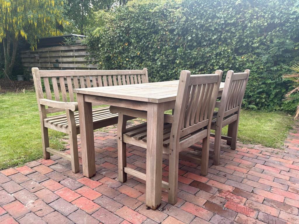 Teak Houten tuinset met bank en twee stoelen, Ophalen, 5 zitplaatsen, Zo goed als nieuw, Hout