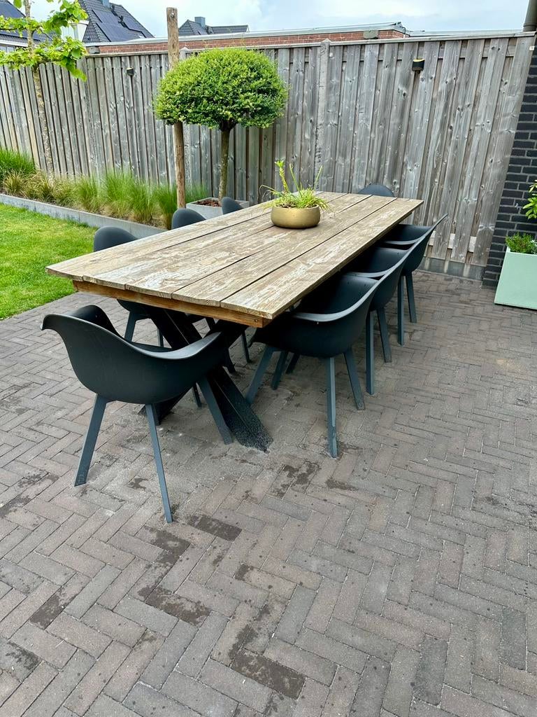 Grote tuintafel met zwarte X poten, incl. 8 stoelen, Tuin en Terras, Tuintafels, Ophalen, Gebruikt, Rechthoekig, Hout