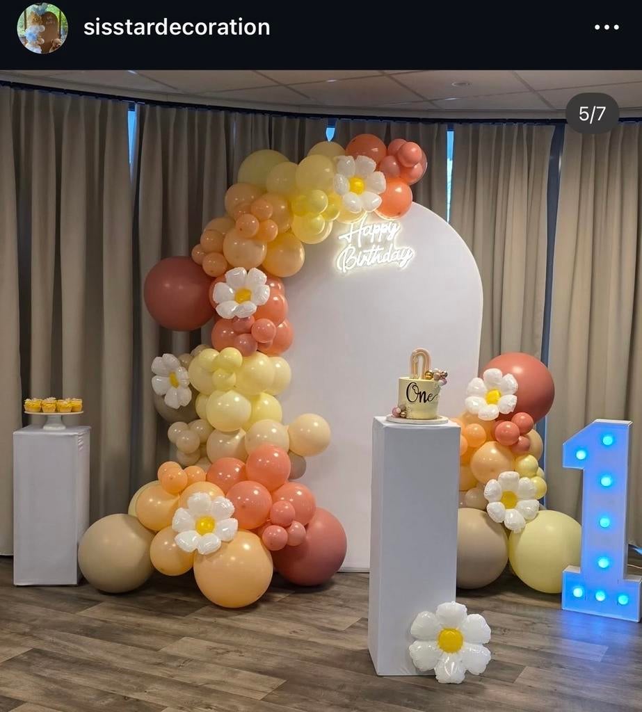 Feestelijke Backdrop met Ballonnenboog en Neon Happy Birthda, Ophalen of Verzenden, Gebruikt, Versiering, Verjaardag